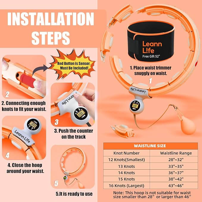 U5 Smart Weighted Hula Hoop with Counter & Waist Trimmer – 16 Knots, 28"–46" Adjustable Infinity Hoop Plus Size, Quiet Rubberized Wheels, Ab Workout Fitness, Weight Loss, Abdominal Toner