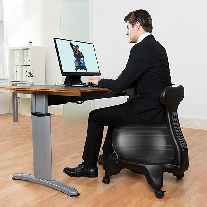 CMYUN Yoga Ball Chair Stability Exercise Ball Chair for Office, Black Yoga Ball Chair with Wheels & Back Support, PVC Balance Ball Seat to Relieve Back Pain