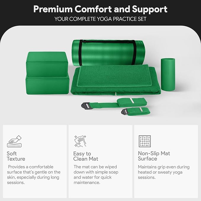 BalanceFrom 7-Piece Yoga Set with 71x24x1 Inches Extra Thick Mat and Carrying Sling – Includes 2 Blocks, Stretch Strap, 2 Towels, and Knee Pad for Home, Studio, and Gym Workouts