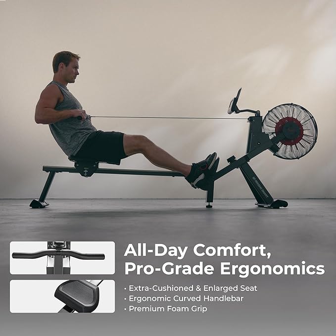 Sunny Health & Fitness Air Strive Smart Rower, Full-Body Training Rowing Machine with Spacious Inseam, Flip-Up Design for Home Gym, Free SunnyFit App Connection, Optional Dual Resistance