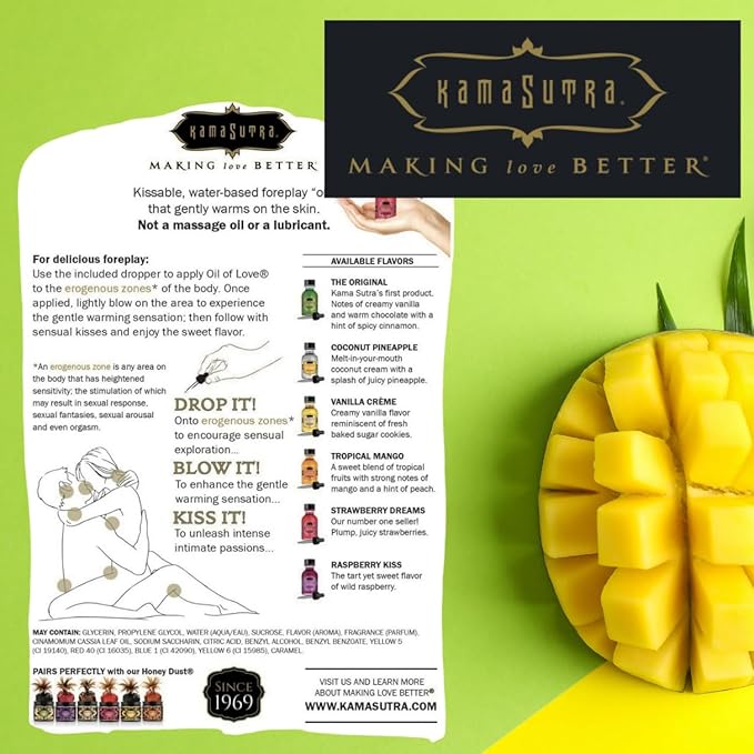 KAMA SUTRA Oil of Love Tropical Mango - .75 fl oz - Kissable Warming Body Topping for Oral Foreplay Fun. Delicious Lickable Flavor for Couples, Women, and Men. Water-Based.