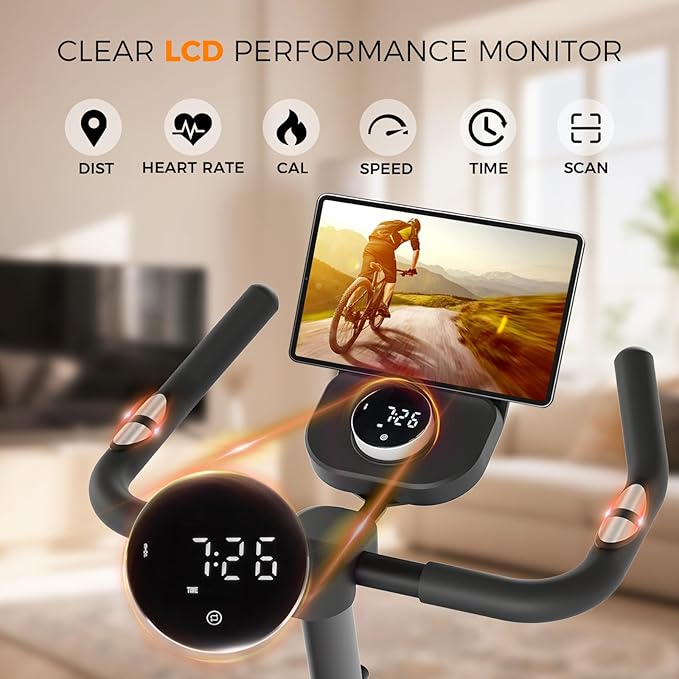 Exercise Bike, Brake Pad/Magnetic Stationary Bike with App, Low Noise Indoor Cycling Bike with 330lbs Weight Capacity, Adjustable Seat, Tablet Holder, Water Bottle Holder for Home Fitness and Weight Loss