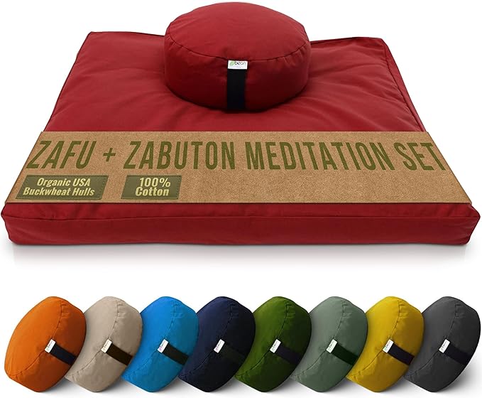 Bean Products Meditation Cushion Mat Set - Zafu Floor Pillow Organic Buckwheat Pillow + Cotton Filled Zabuton Prayer Pad - Meditation Pillow Yoga Knee Pad - Made in USA - 14" Round or 18" Oval