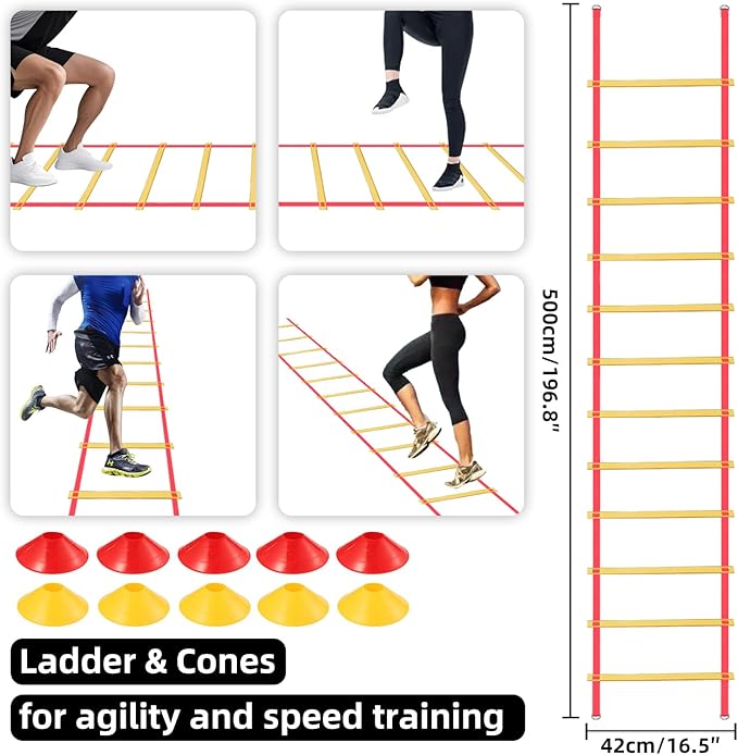 Soccer Agility Training Poles Equipment with Bag, 6 Agility Poles, 3 Horizontal Sticks,1 Agility Ladder with Bag, 10 Soccer Cones, Multifunctional Speed Training Equipment for Youth Adults