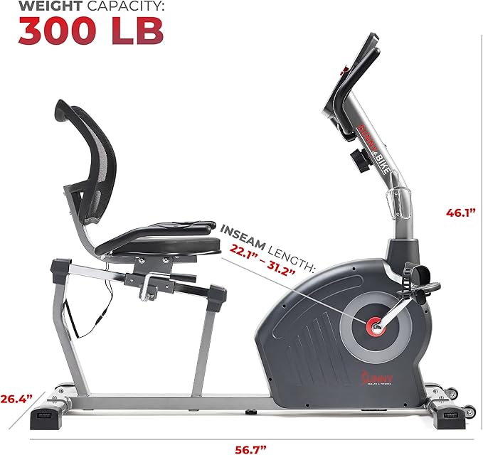 Sunny Health & Fitness Smart Recumbent Bike with Pulse Sensors, Home Cycling Workout Machine w/Cushion Seat & Mesh-Backrest, Free SunnyFit App Connection, Optional Programmable & Electro-Magnetic