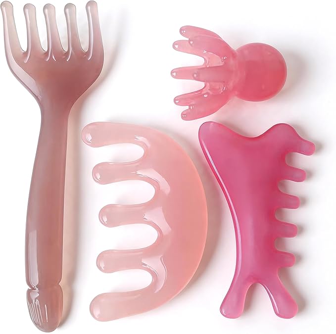4 Pcs All-in-One Head Massager Set: Scalp Comb, Gua Sha, Octopus & Five Claw Tool for Stress Relief, Relaxation, Acupressure - Gift for Christmas, Birthday, Mother's Day, Father's Day (Pink)