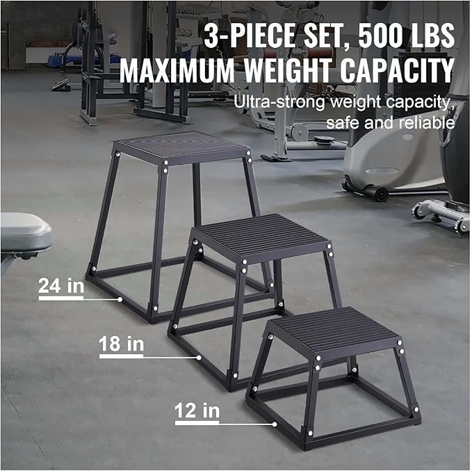 Plyometric Jump Boxes 12/18/24 Inch Set, Plyo Box for Fitness, Agility Training, Step Up Platform - Home Gym Conditioning, Strength Workouts - Black