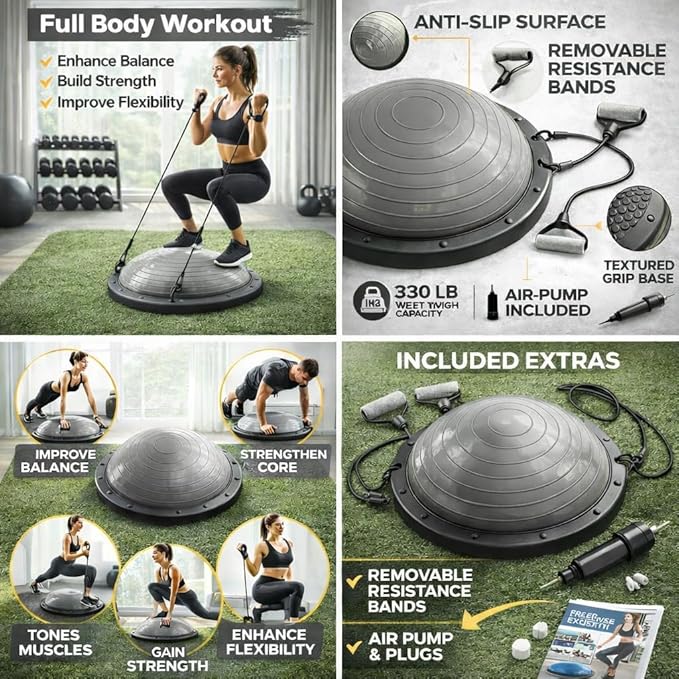 Balance Ball Trainer with Resistance Bands and Foot Pump, Inflatable Yoga Ball for Home Gym Workouts, 23 Inch Exercise Half Ball for Balance Training Core Strength Fitness More, 330lb Cap