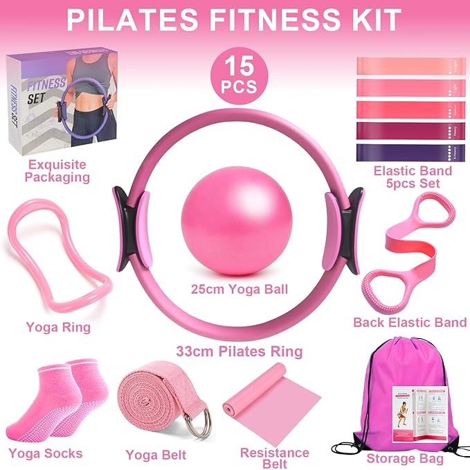 Pilates Ring Equipment Set, Home Pilates Kit for Women with 13’’ Magic Ring with Dual Padded Handles, Small Pilates Ball, 5 Resistance Bands & Complete Fitness Guide, Pilates Essential Accessories