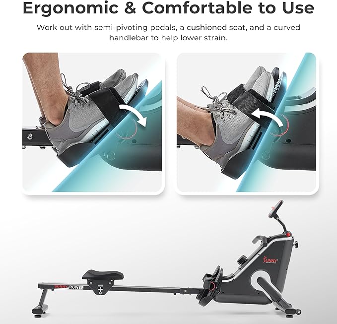 Sunny Health & Fitness Magnetic Rowing Machine Rower with 8-Level Resistance, 53.4" Extended Slide Rail & Digital LCD Display - SF-RW5515