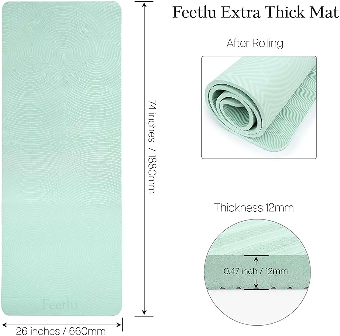 Extra Thick 12mm Exercise Mat – Non-Slip, Joint-Friendly & Cushioned Fitness Mat for Yoga, Pilates & Floor Workouts – Durable, Supportive & Includes Feetlu Classic Strap