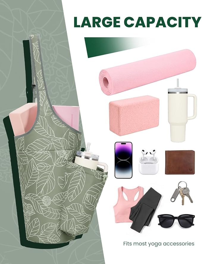 sportsnew Yoga Mat Bag for Women with Drawstring Pocket & Inner Pocket, Large Opening Yoga Mat Carrier for Quick Access, Adjustable Shoulder Strap, Fits 1/4" & 1/2" Thick Mats for Workout, Gym, Pilate