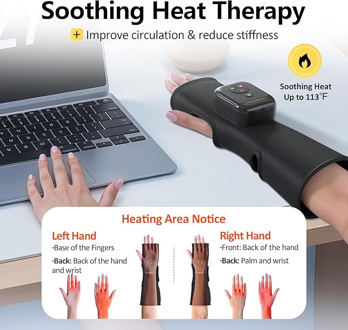 Comfytemp Air Compression Therapy Device K1063, Portable Hand and Wrist Massager for Circulation and Pain Relief, Cordless Forearm Massage Sleeve with Heat, Ideal for Men Women Seniors