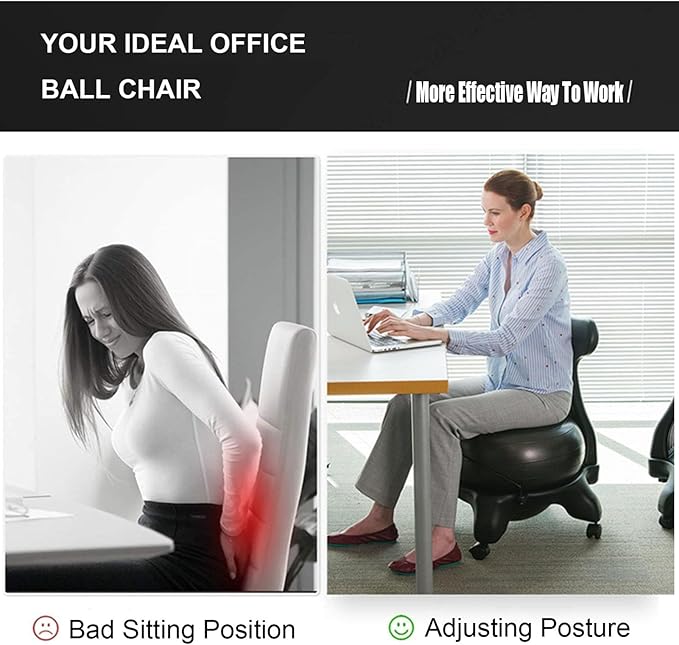 Sports Exercise Ball Chair with Included Hand Air Pump, Balance Ball Chair with Wheels and Back Support, Purple Yoga Ball Chair for Home and Office