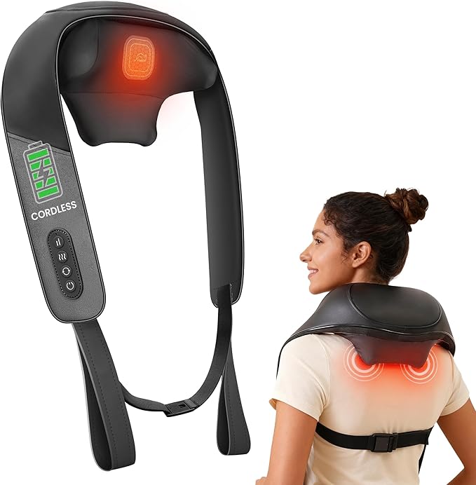 Snailax Shiatsu Neck Massager for Pain Relief Deep Tissue Cordless Kneading Shoulder Massage with Heat Graphene Heating Rechargable, 4D Roller Neck Back Massage, Gift for Mom Dad