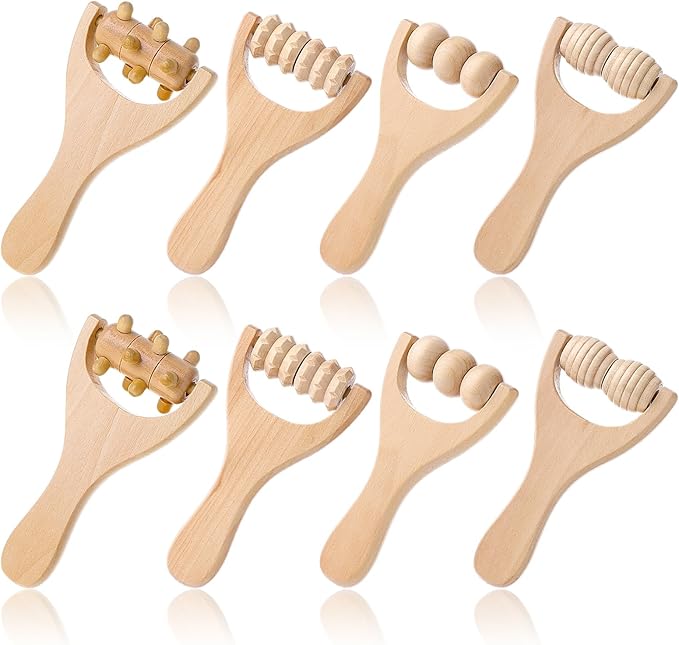 8Pcs Wooden Hand Massage Roller, 4 Types Muscle Roller Stick, Manual Wood Therapy Massage Tools Massager Rollers, for Relaxes Thigh, Leg, Hands Full Body Muscle Men Women