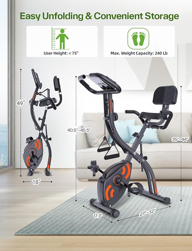 Sportneer Foldable Exercise Bike Stationary Bike, 4 in 1 Indoor Cycling Bike with 16 Level Magnetic Resistance Training Bike with Arm Resistance Band PVC Floor Mat Fitness Bike for Home Gym Workout