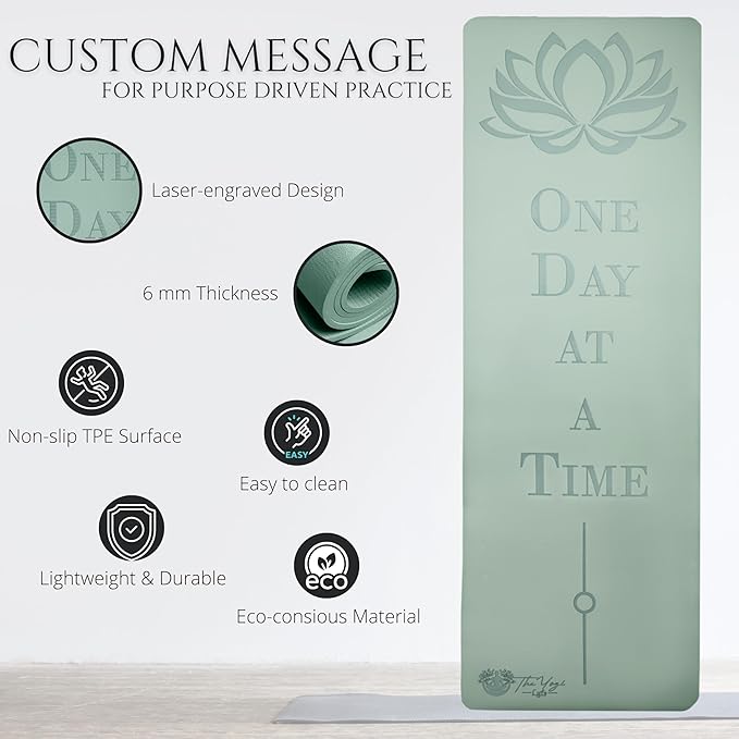 Recovery Lyfe Yoga Mat – “One Day at a Time” Engraving, Non-Slip Eco TPE, Sage Green, 72" x 24" x 6mm, Yoga & Meditation Mat for Recovery and Grounding