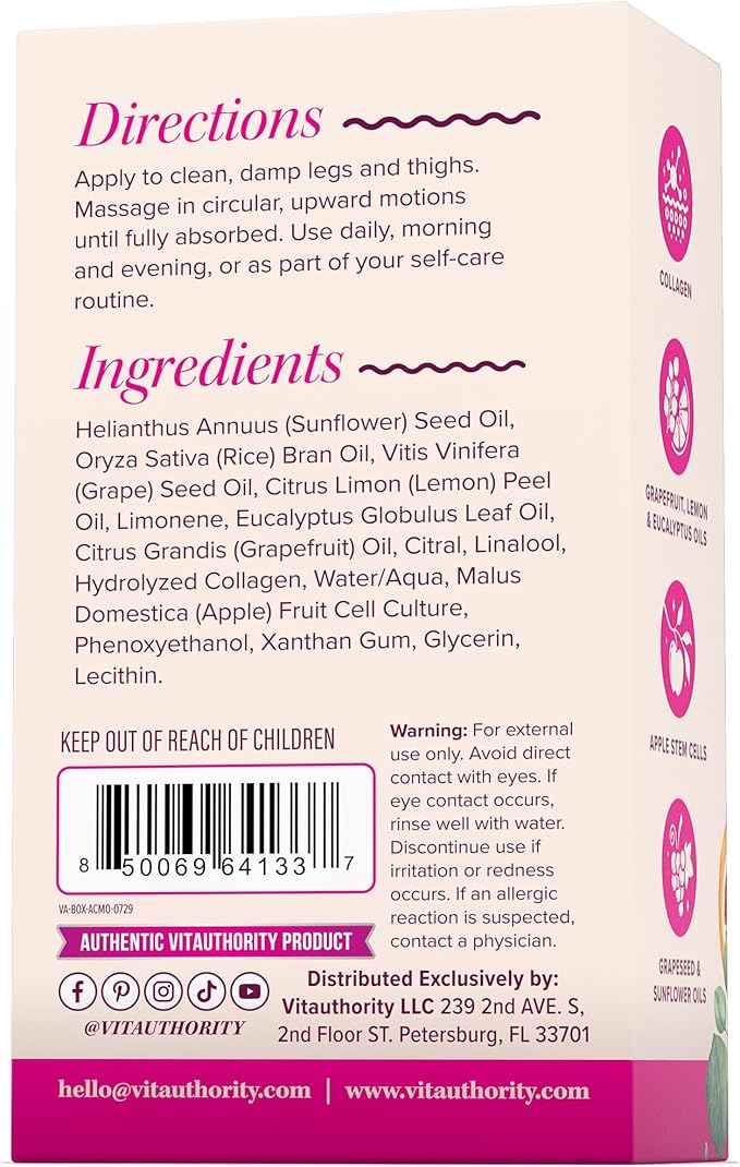 Anti-Cellulite Massage Oil with Collagen Stem Cells Fast-Absorbing Hydrating Body Oil for Thighs, Hips & Curves, Firming and Smoothing Formula with Grapefruit Lemon & Eucalyptus Essential Oils 8 Fl Oz