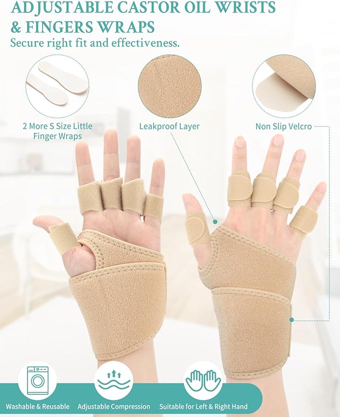 14 PCS Castor Oil Pack Wraps for Hands Wrists and Fingers,Castor Oil Compression Hand Wraps,Adjustable Wrists and Fingers Wraps,Wrists and Fingers Straps for Left & Right Hand,Castor Oil Not Included