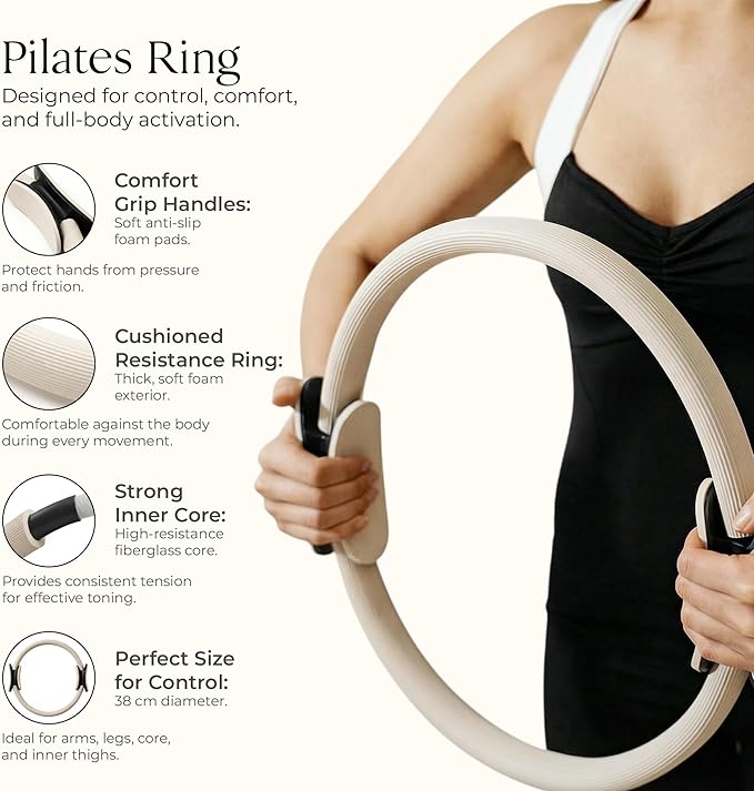 Pilates Kit for Home Workouts with 14” Pilates Ring Pilates 8” Mini Ball with and 3 Booty Bands Set, Pilates Essentials Kit for Women with Guided Workout Video, Home Pilates Equipment, Beige