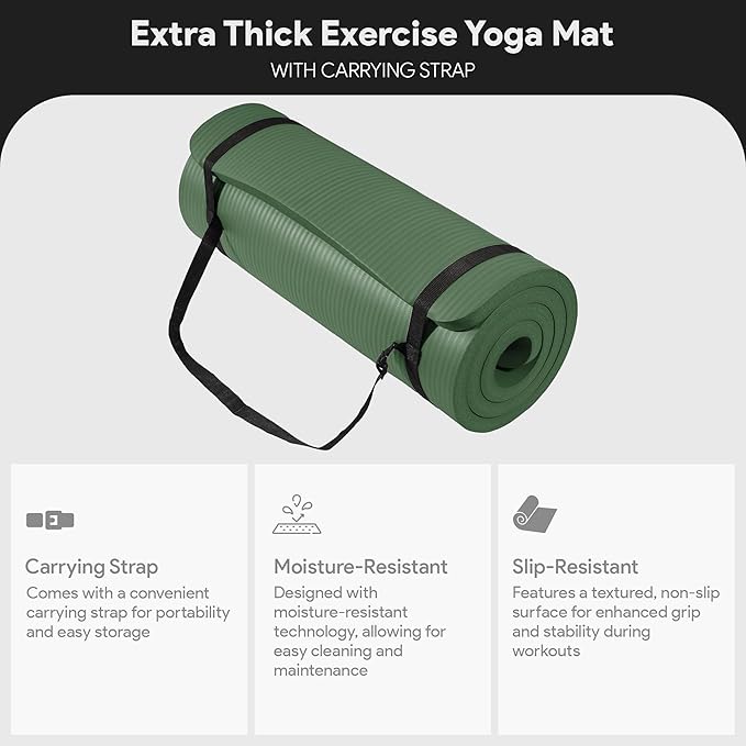 BalanceFrom 71x24 Inches Extra Thick Yoga Mat 1-Inch High-Density Foam – Roll-Up Exercise Pad with Double-Sided Non-Slip Surface and Carrying Strap for Pilates and Home Workouts, Multiple Colors