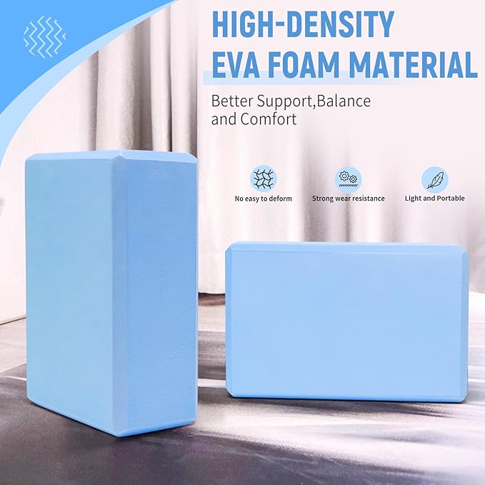 Yoga Blocks 2 Pack 9x6x3 Inches, Sturdy Foam Yoga Block, Premium EVA, Non Slip High Density for Pilates Meditation, Stretching and Toning