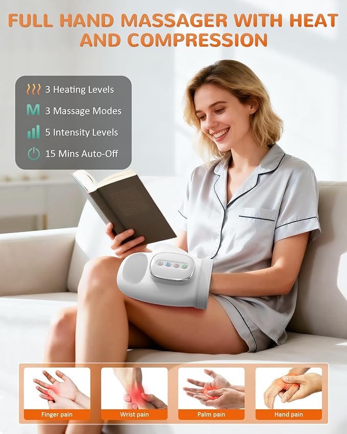 Hand Massager with Heat and Compression: Cordless Hand Massage Glove with 3 Modes, 5 Intensity & 3 Heat Therapy for Arthritis Carpal Tunnel Pain Relief-Valentine's Birthday Gifts for Women, Men(Gray)