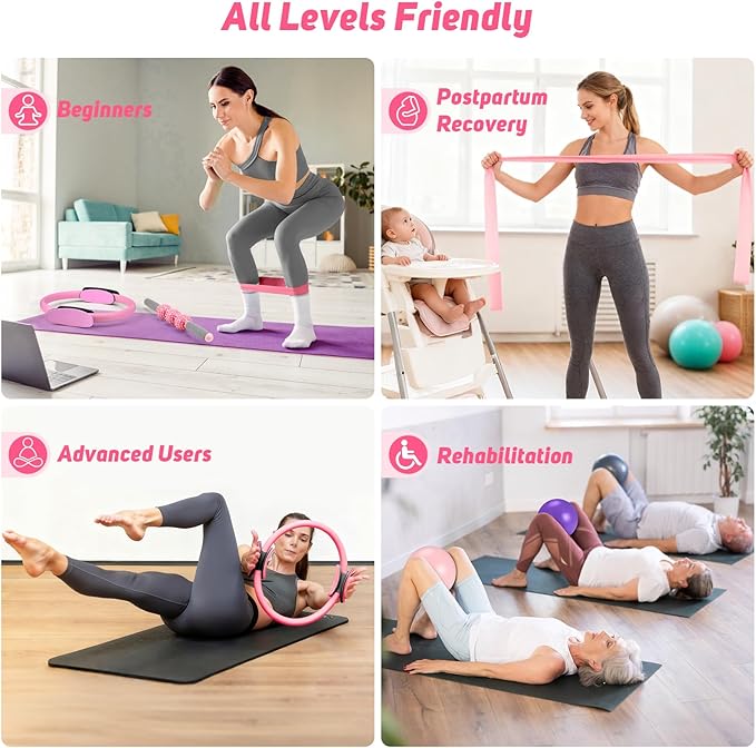 Asten Home Pilates Kit for Women: Pilates Equipment Pilates Ring and Ball Set with Resistance Bands, Core Slider, Foam Roller, Pilates Essentials Kit for Beginner Home Workout, Compact Toning Fitness