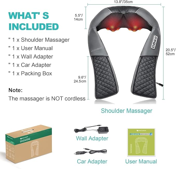 Medcursor Neck Massager - Portable Electric Shiatsu Back Massage Device with Heat, Deep Tissue 3D Kneading Pillow for Muscle Pain Relief, Valentines Day Gifts - Includes Carry Bag (No Battery)