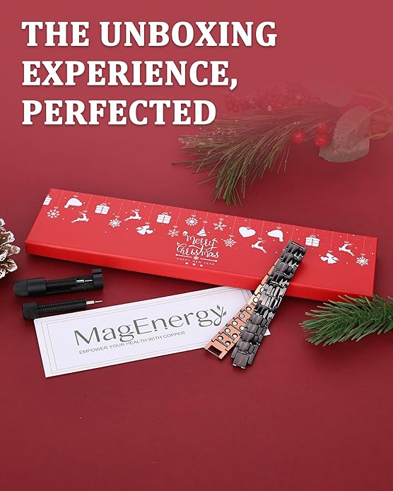 MagEnergy Mens Copper Magnetic Bracelets, 99.9% Pure Copper Bracelet with Double-Row Strength Magnets, Adjustable Jewelry with Sizing Tool