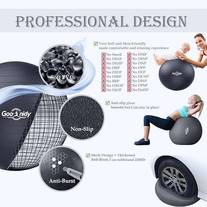 Soft Exercise Ball, Anti-Burst Pilates Yoga Ball Chair Supports 2200lb, Workout Equipment w/ Pump for Women Pregnancy, Medicine, Birthing, Physical Therapy, Stability, Excersing, Birth, Swiss, Fitness