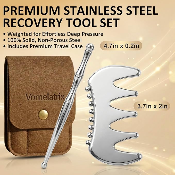2-in-1 Premium Solid Stainless Steel Gua Sha & Myofascial Muscle Scraper – Manual Deep Tissue Massage Comb & Reflexology Pen – Handheld Body Massager for Fascia Release, Sculpting & Mobility