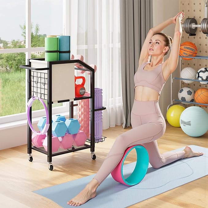 HOOBRO Dumbbell Rack, Weight Rack for Dumbbells, Yoga Mat Storage Rack, Home Gym Storage Rack for Dumbbells Kettlebells Foam Roller, Workout Storage Organizer with Wheels & Hooks, Black BE85CJ01N1