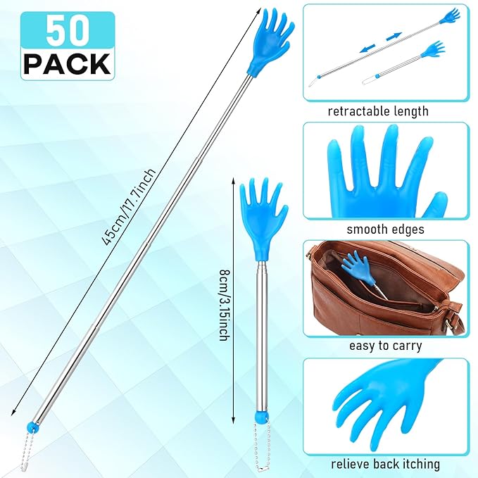 50 Pcs Extendable Back Scratcher Bulk Father's Day Dad Gift Hand Shaped Retractable Back Scratcher with Gift Cards Bags Telescoping Massage Tool for Adults Men Church Birthday