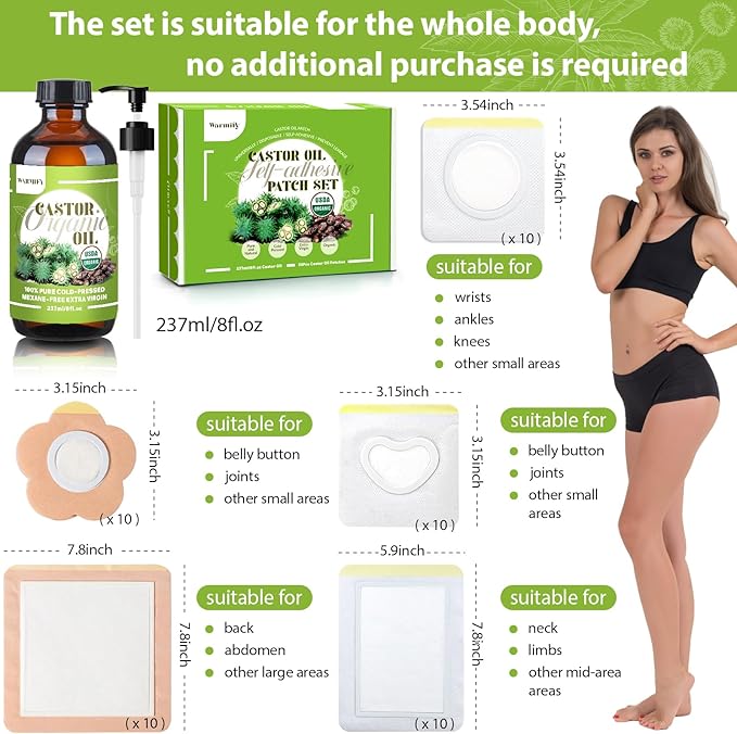 50 Pcs Castor Oil Patches with (8oz) Castor Oil Organic Cold Pressed Unrefined Glass Bottle,Cotton Caster Oil Pack Wrap for Waist Back Neck Arm Belly,Self-Adhesive Disposable for Convenient Use