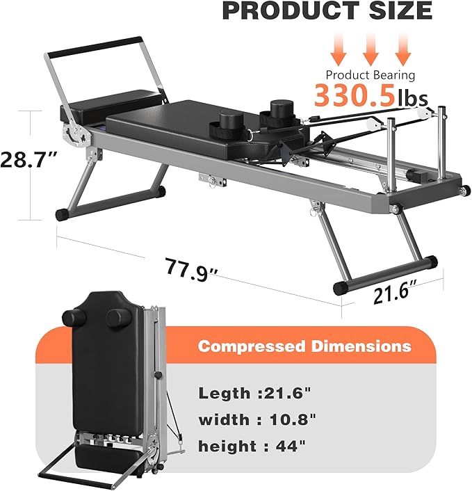 SogesHome Foldable Pilates Reformer Machine for Home Gym, Compact Fitness Reformer with Resistance Springs, Full Body Workout Equipment for Core Strength, Flexibility, Weight Loss, Stability