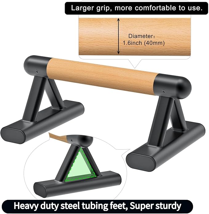 SELEWARE Wood push up bars Parallettes bars Anti-slip Handstand Bars for Calisthenics, Fitness, Floor workouts Solid Wood with Sturdy Metal Bracket, Support 600 lbs