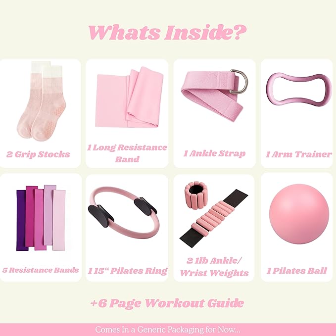 Pilates Equipment Kit for Home Workout, Pilates Kit, Pilates Ring Set, Pilates Ball, Adjustable Ankle And Wrist Weights, Resistance Bands, Grip Socks, Instruction Guides, Women Essentials Starter Set