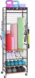 Mythinglogic Weight Rack for Dumbbells, Home Gym Storage for Yoga Mat Dumbbells Kettlebells and Strength Training Equipment, Dumbbell Rack with Wheels and Hanging Hooks