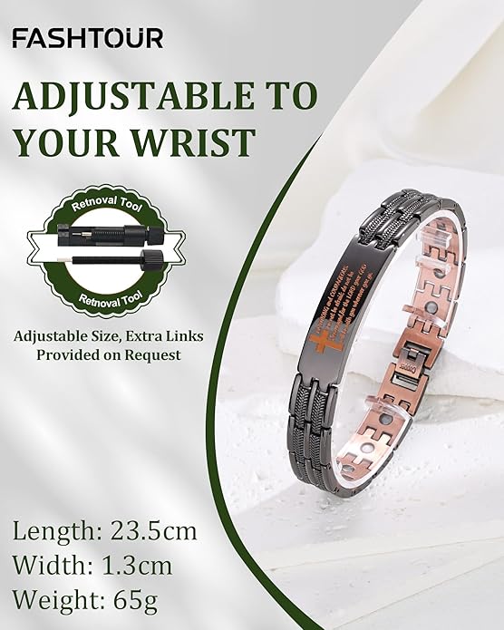 Magnetic Bracelet and Ring Set for Men, 99.99% Pure Copper Jewelry, Adjustable Cross & Celtic Knot Design, Gift for Dad