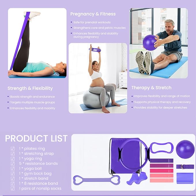 Pilates Essentials Kit for Women, Pilates Essentials Kit, 13 Piece Home Pilates Equipment Set Includes 𝐏𝐢𝐥𝐚𝐭𝐞𝐬 Ring Resistance Bands Yoga Ball, for Women's Home Workouts & Beginners
