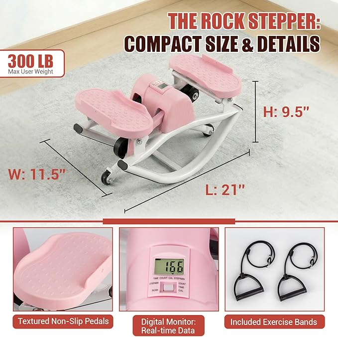 Rock Stepper for Exercise at Home, Rocking Stepper Side to Side with Resistance Bands & Digital Display, 300 LBS Capacity Full Body Workout Low-Impact Knee-Friendly Anti-Slip Side Stepper