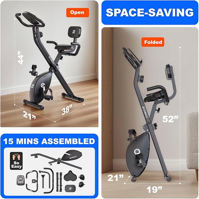 Silent Folding Exercise Bike for Apartments - 330lbs Capacity, 3-in-1 Stationary Bike with Arm Bands & Back Support