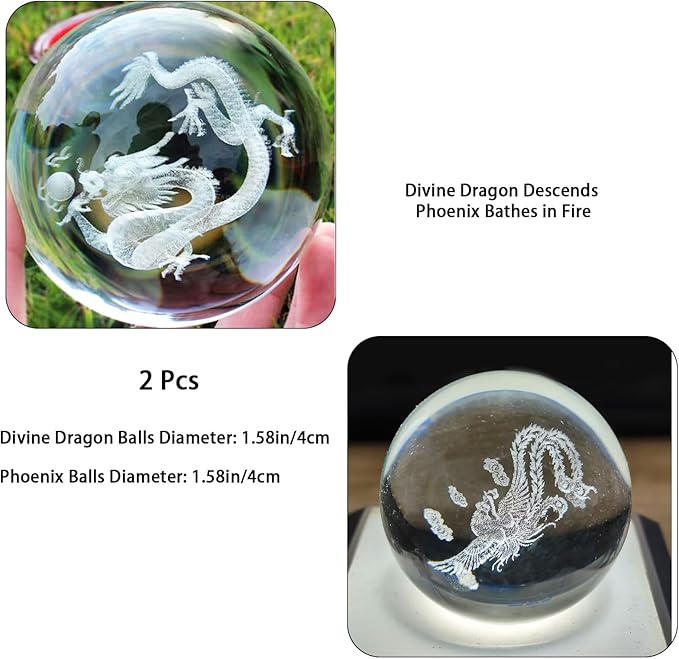 2Pcs Baoding Balls for Hand Therapy Chinese Health Balls,Crystals Balls for Hand Massage,Stress Relief and Exercise Massage Tools and Equipment,1.58Inch, Divine Dragon&Phoenix Balls