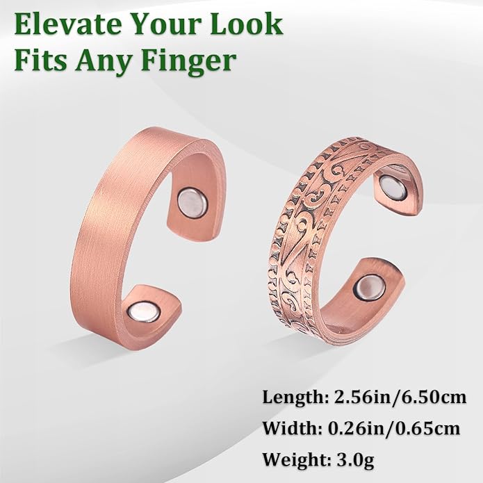 Magnetic Copper Rings Set for Women, Elegant Lymphatic Jewelry Gifts, Vintage Adjustable Vine Design