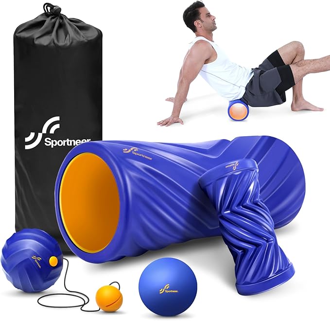 Sportneer 4 in 1 Foam Set, Muscle Relax Kit with 2 Textured Foam Rollers, Stringed Exercise Ball, Lacrosse Ball for Muscle Shoulder Back Leg Whole Body Relax Fitness Yoga