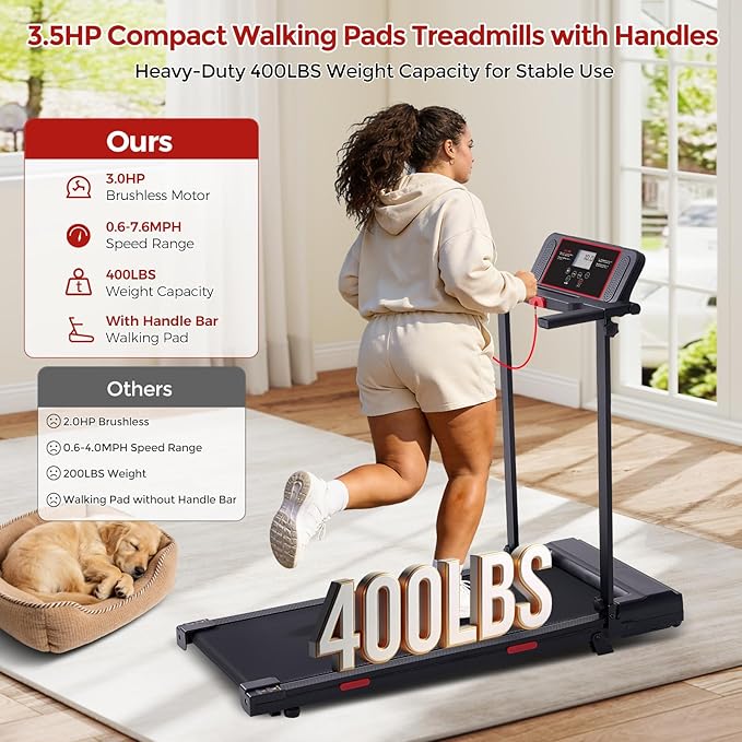 MCRG Walking Pad Treadmill with Incline, 2026 Upgrade Portable Walking pad Treadmill with Handle Bar, 0.6-7.6MPH Small Treadmills Walking Pad for Home Small, 3.5HP, 350LBS