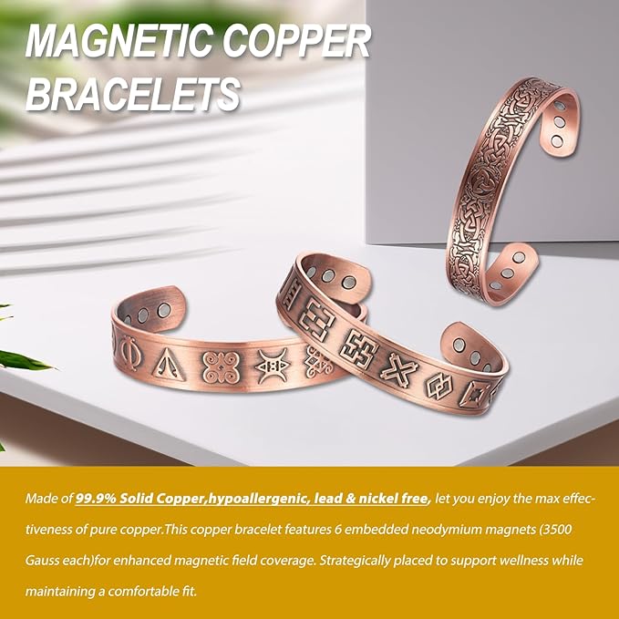 Copper Bracelet for Men 99.9% Pure Copper Magnetic Bangle with 6pcs 3500 Gauss Magnets, Copper Magnetic Bracelet for Men