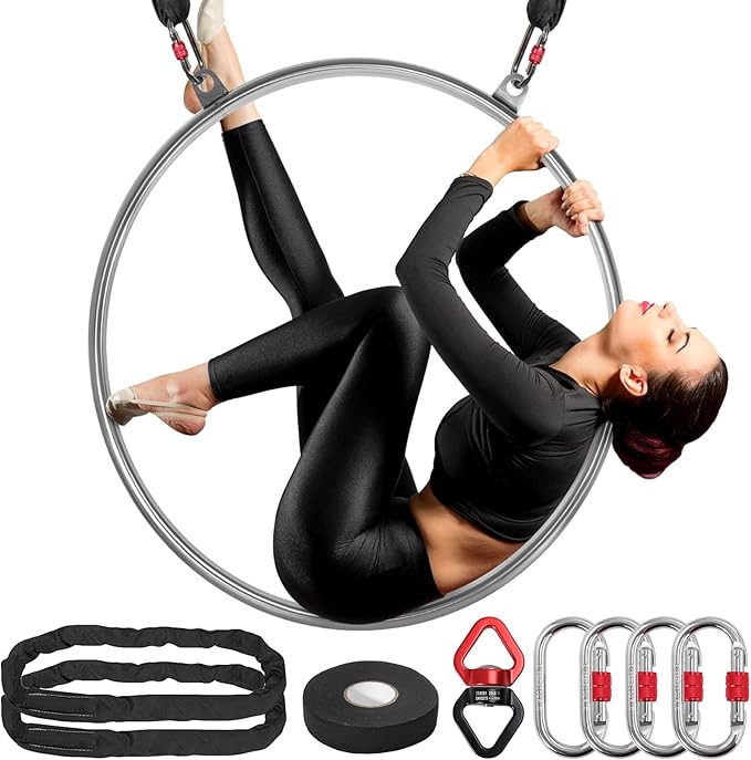 DASKING Professional Double-Ear Aerial Hoop Kit - 80/85/90cm x 32mm Lyra, 2-Ton Safety System & Anti-Slip Grip Stainless Steel